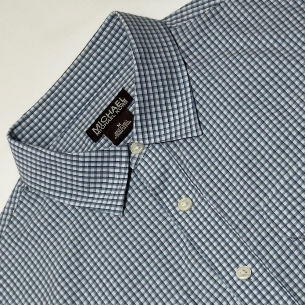 Michael Kors Mens‎ M Blue Gingham Check Button Up Roll Tab Long Sleeve Shirt